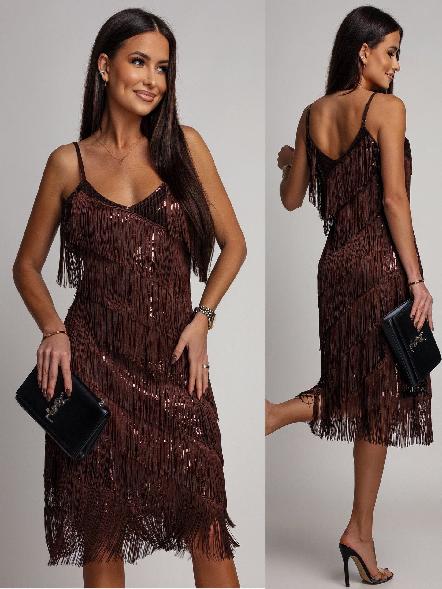 Vestido de noche midi con tirantes y flecos de lentejuelas para mujer