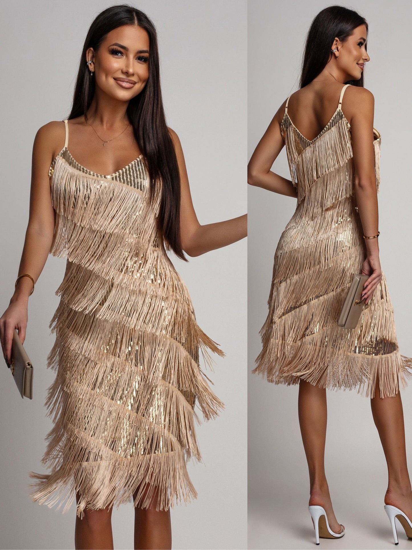 Vestido de noche midi con tirantes y flecos de lentejuelas para mujer