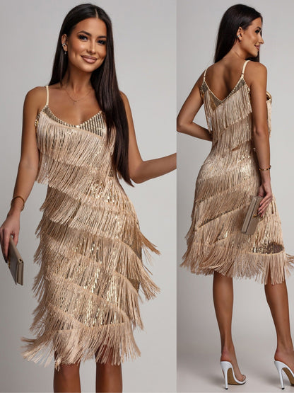 Vestido de noche midi con tirantes y flecos de lentejuelas para mujer