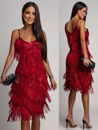 Vestido de noche midi con tirantes y flecos de lentejuelas para mujer