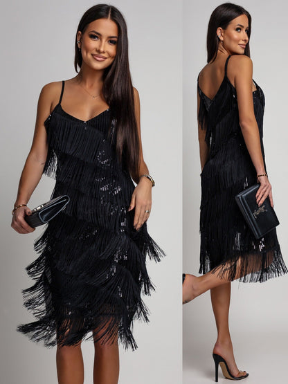 Vestido de noche midi con tirantes y flecos de lentejuelas para mujer