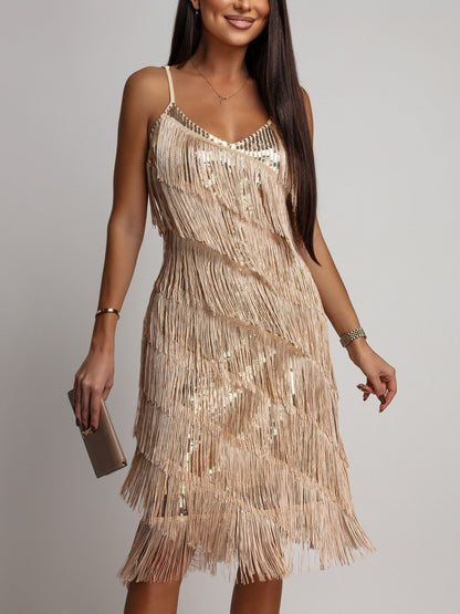 Vestido de noche midi con tirantes y flecos de lentejuelas para mujer