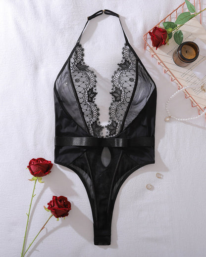 Valentina™ | Bodysuit Kantowy w Kolorze Nocnym z Głębokim Dekoltem w Kształcie V