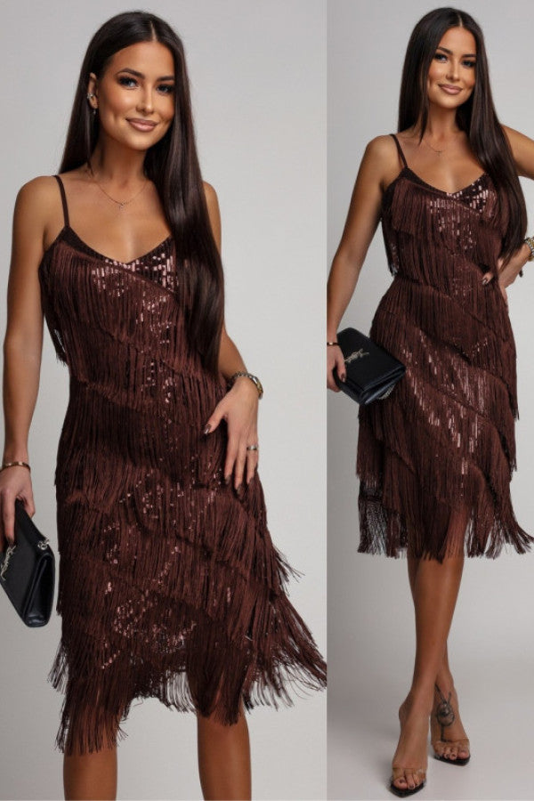 Vestido de noche midi con tirantes y flecos de lentejuelas para mujer