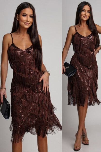 Vestido de noche midi con tirantes y flecos de lentejuelas para mujer